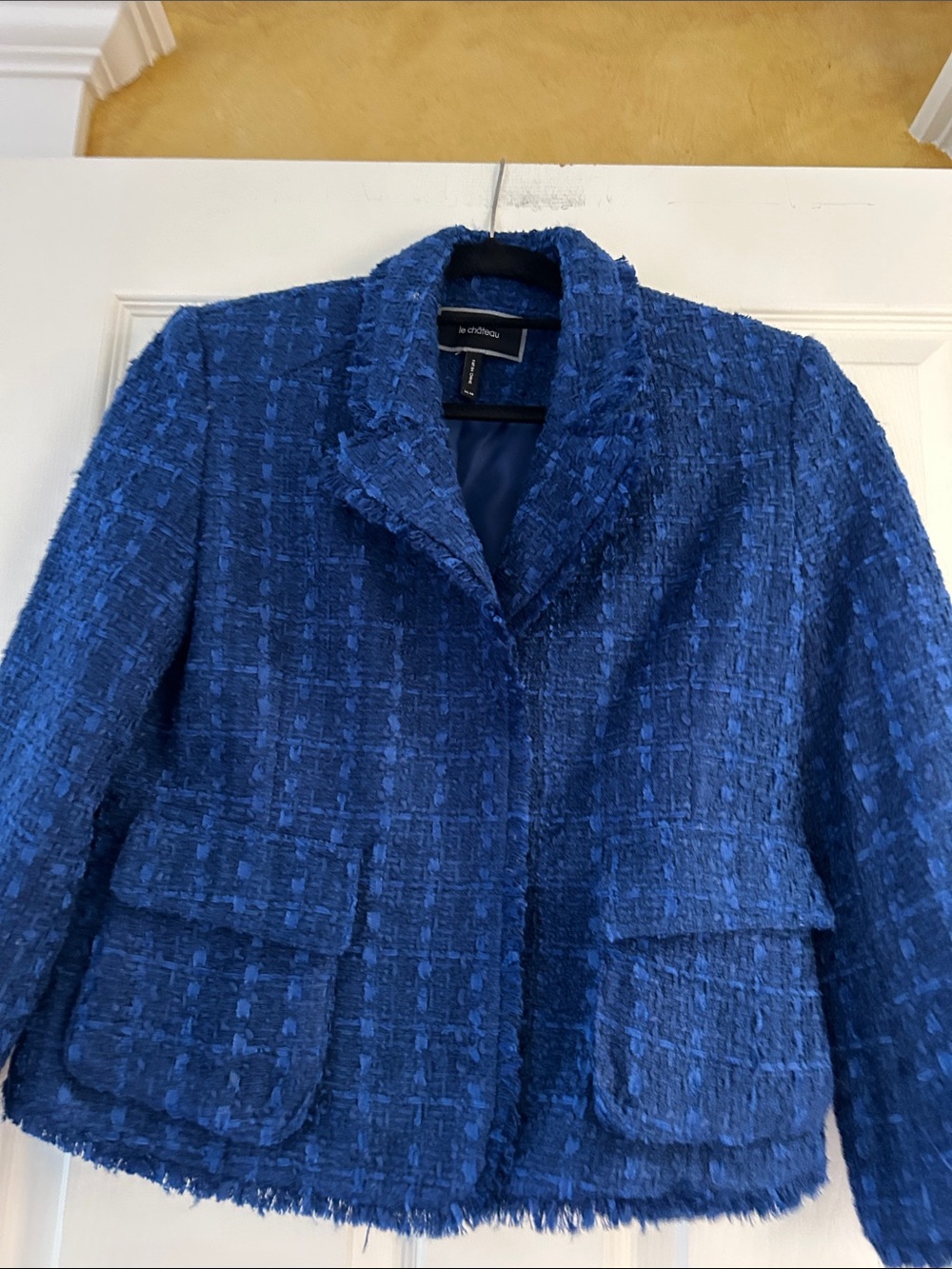 le chateau Royal Blue Tweed Blazer with Fringe Trim